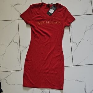 NWT True Religion Red Short Sleeve Bodycon Mini Dress with Front Sparkle